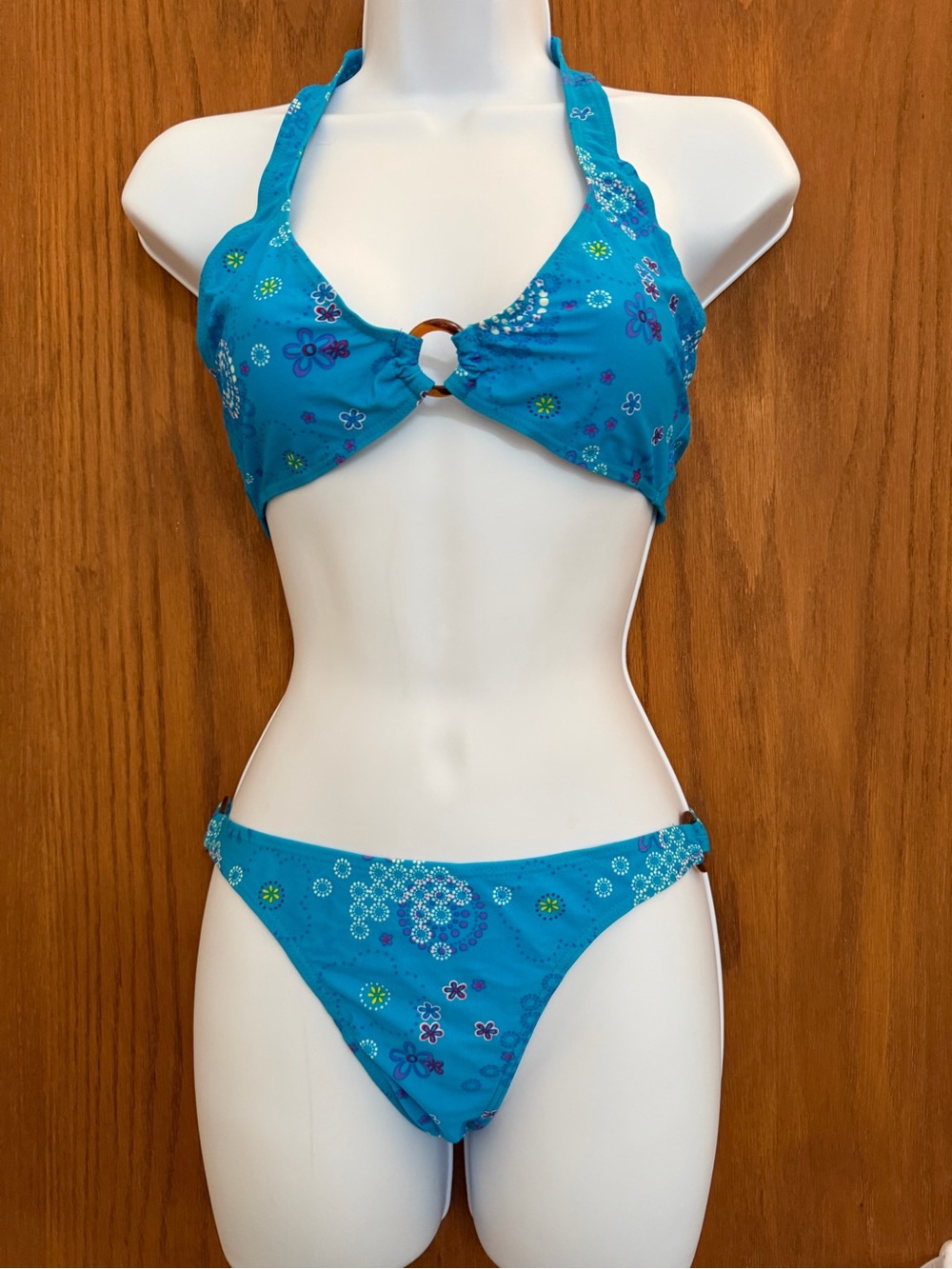 Blue Floral Halter Bikini Top and Bottom Set